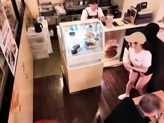 Beautiful Japanese waitress fucked by masked guy at work