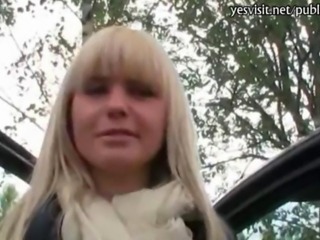Pretty blonde Czech girl having a hardcore sex on a car for cash