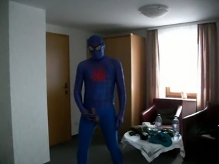 blue spiderman shows cock